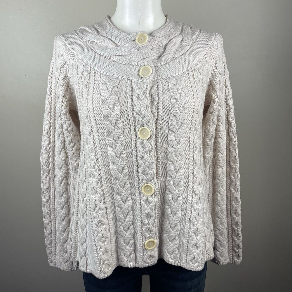 Magaschoni Ivory XS Wool Button Front Cardigan Chunky Sweater Preppy Cozy